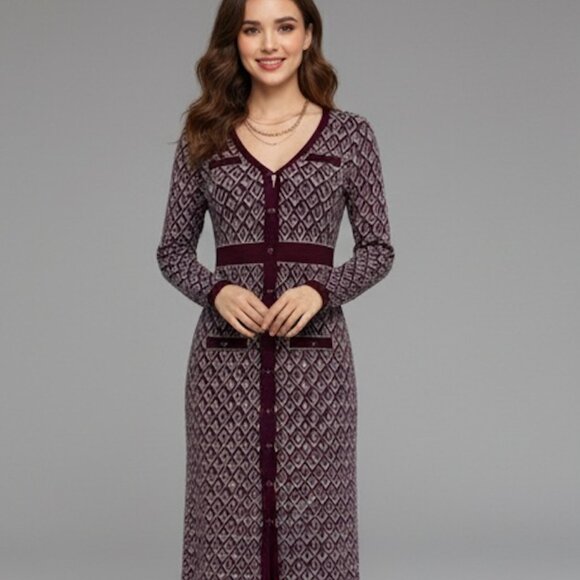 Dresses & Skirts - Burgundy Button Front Pattern Sweater Dress
